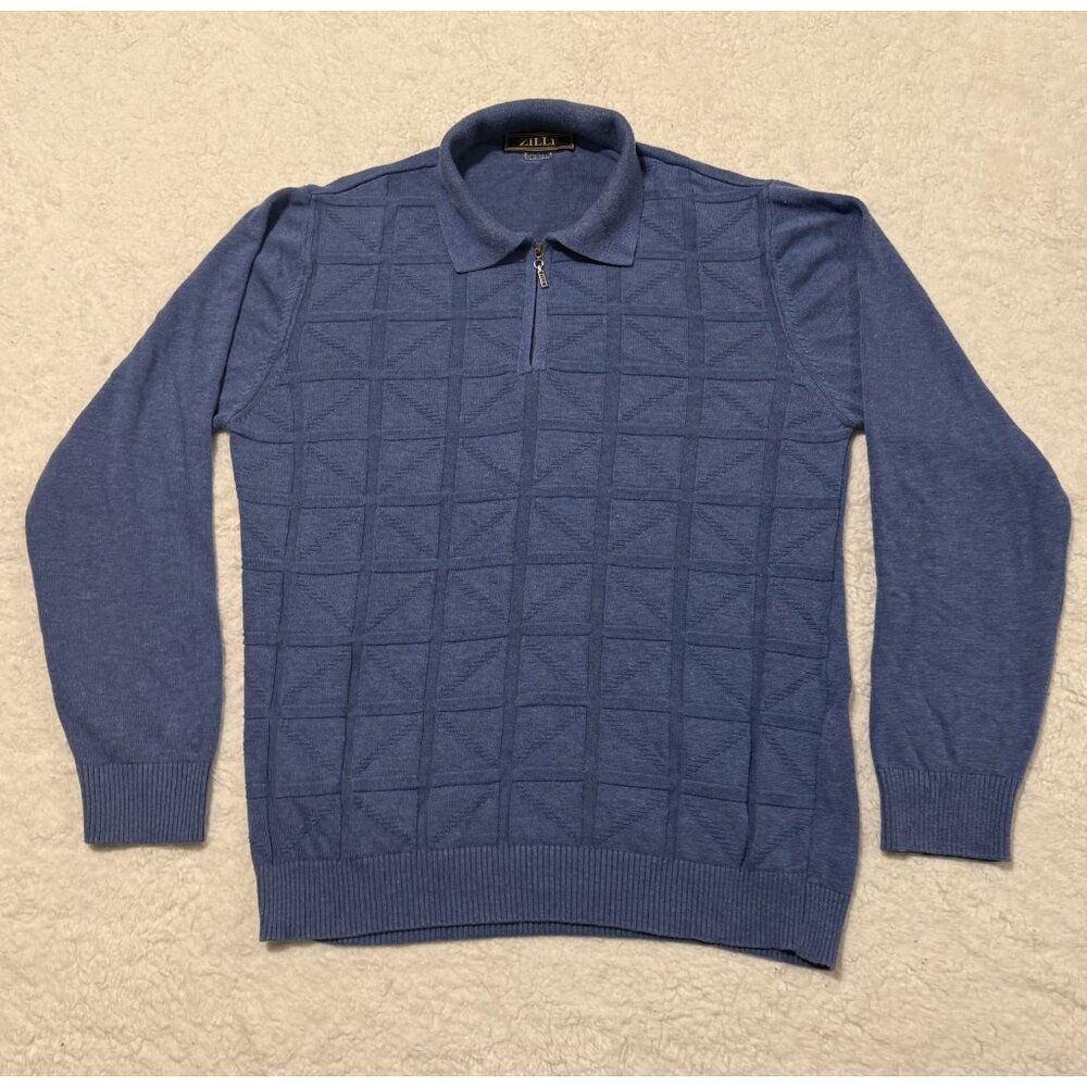 Zilli Men's Quarter Zip Pullover Sweater Size XL Blue Wool Check DESC!